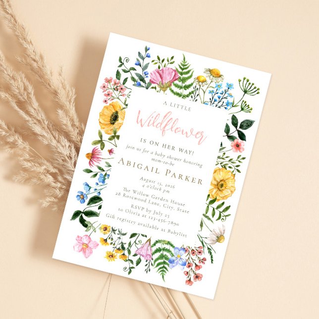 Convites Chuva de Flores de Aguarela para Chás de Bebê (Whimsical baby shower invitation featuring hand-painted watercolor wildflowers and delicate greenery)