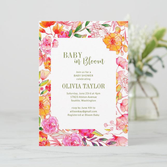 Convites Chuva de Flores de Aquarela Rosa Laranja para Bebê (Em pé/Frente)