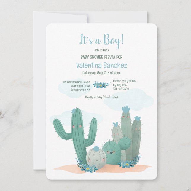 Convites Chuva de Flores de Cacto Azul Baby Shower (Frente)