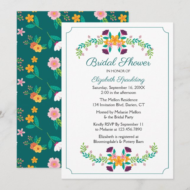 Convites Chuva de Flores de Noiva Flores Verdes Casamento V (Frente/Verso)
