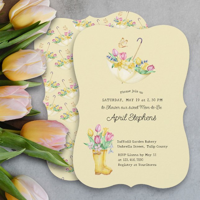 Convites Chuva de Flores de Primavera para a Futura Mamãe - (Spring Flowers Yellow Baby Shower Invitation)