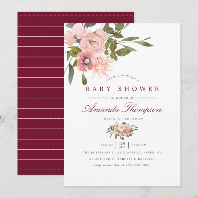 Convites Chuva de flores em aquarela Rosa e Borgonha Baby S (Frente/Verso)