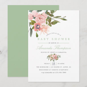 Convites Chuva de flores em aquarela Rosa e Sage para Baby