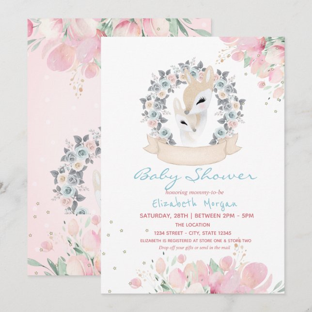 Convites Chuva de Flores para Chá de Bebê de Cervo Bebê  (Frente/Verso)
