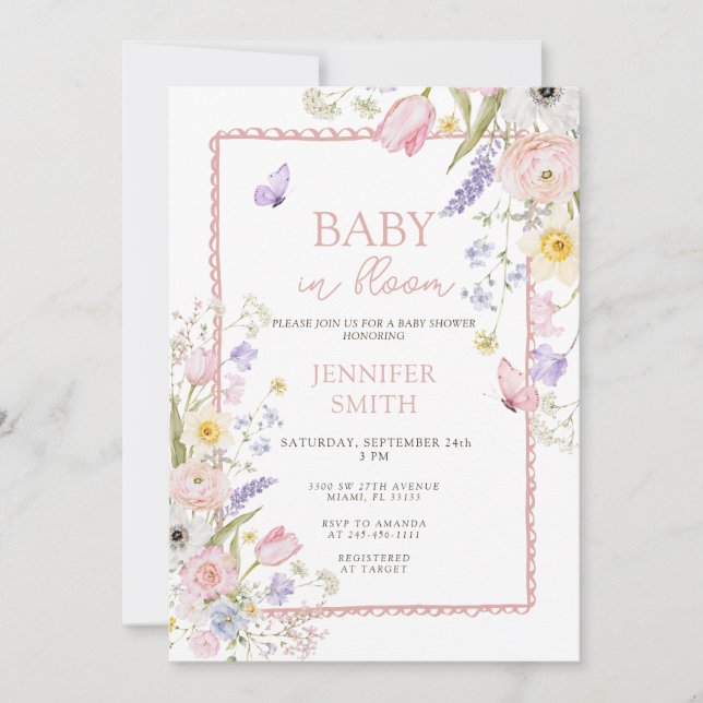 Convites Chuva de Flores Primavera Verão Bebê em Flor Baby  (Frente)