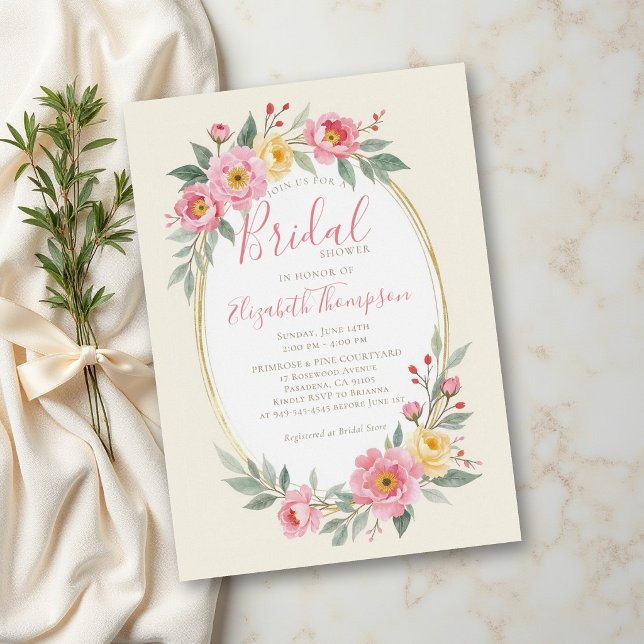 Convites Chuva de Flores Rosa Amarelo Pastel Festa de Noiva (garden bridal shower invitation pastel peony roses pink blush butter yellow elegant summer backyard )