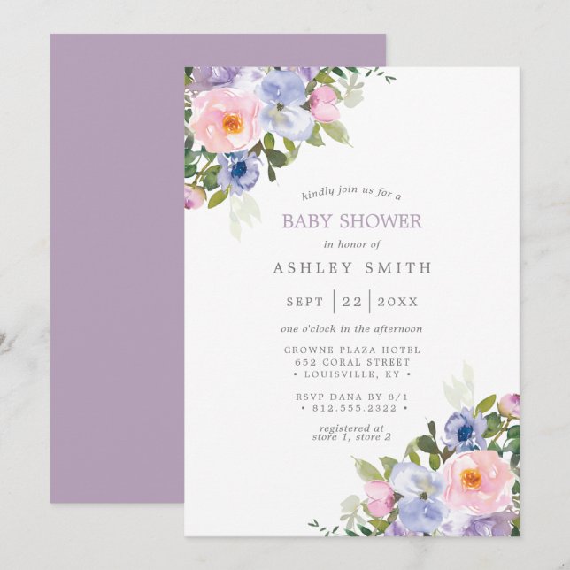 Convites Chuva de Flores Rosa Bege Roxo Aquarela Baby Showe (Frente/Verso)