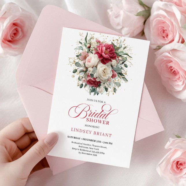 Convites Chuva de Flores Rosa Borgonha Glam Boho (Minimal Bohemian Red White Gold Bridal Shower)