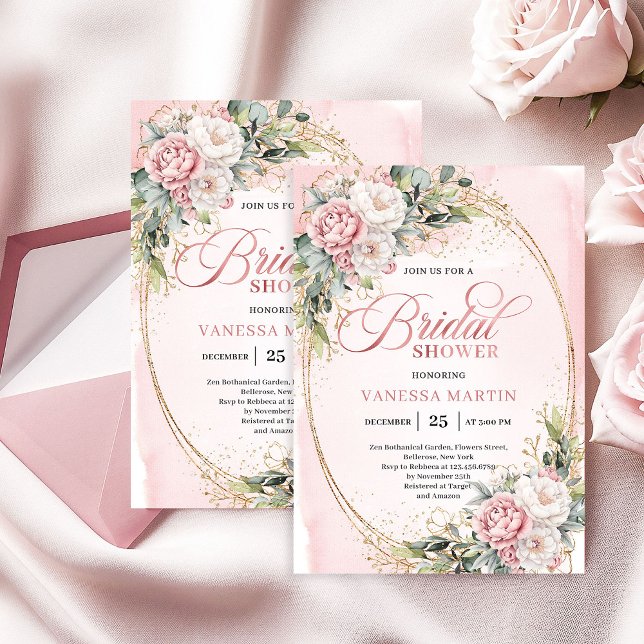 Convites Chuva de Flores Rosa Clássica Atemporal com Eucali (Timeless Blush Pink Floral Eucalyptus Shower)