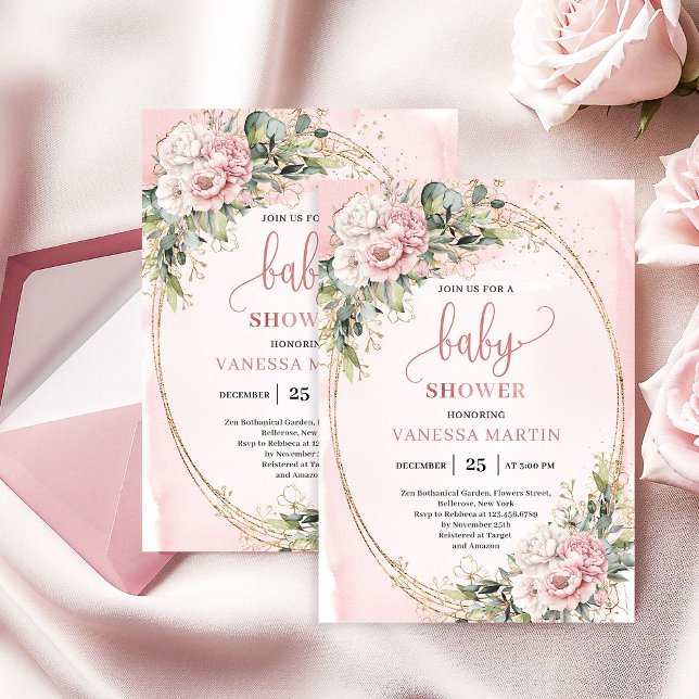 Convites Chuva de Flores Rosa Desbotado Eucalipto Chá de Be (Whimsical Dusty Pink Flowers Eucalyptus Baby Shower)