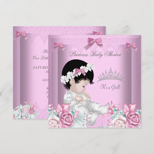 Convites Chuva de Flores Rosa e Cinza para Bebê Menina (Frente/Verso)