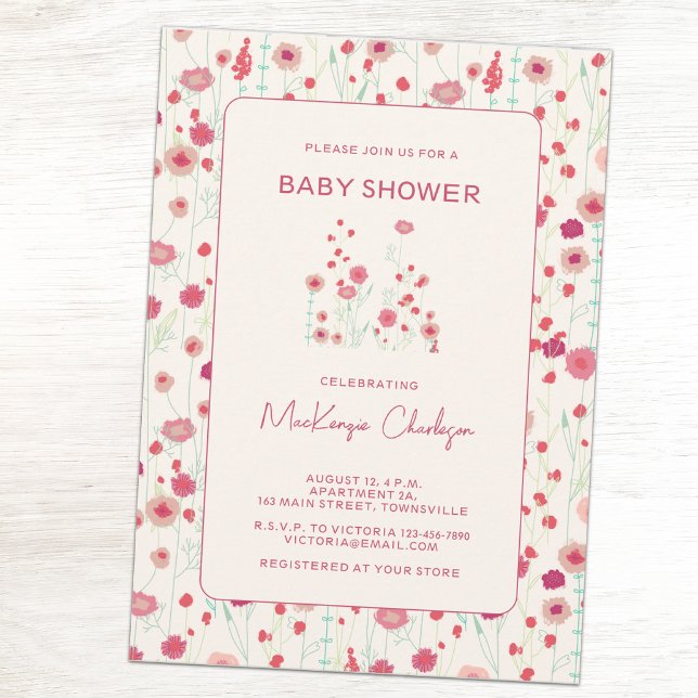 Convites Chuva de Flores Rosa e Creme para Chá de Bebê (Wildflower meadow baby shower invitations)