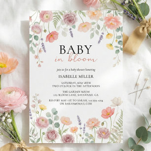 Convites Chuva de Flores Rosa e Verde Turquesa para Bebê em