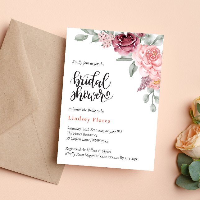 Convites Chuva de Flores Rosa Empoeirada Elegante Banho de  (Dusty rose floral watercolor bridal shower invitation adds elegant romantic charm to celebrations)