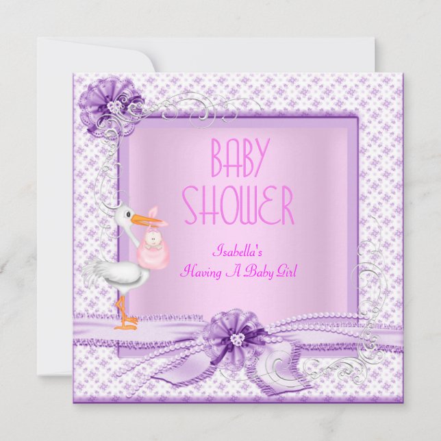 Convites Chuva de Flores Rosa Roxo para Bebê Menina (Frente)