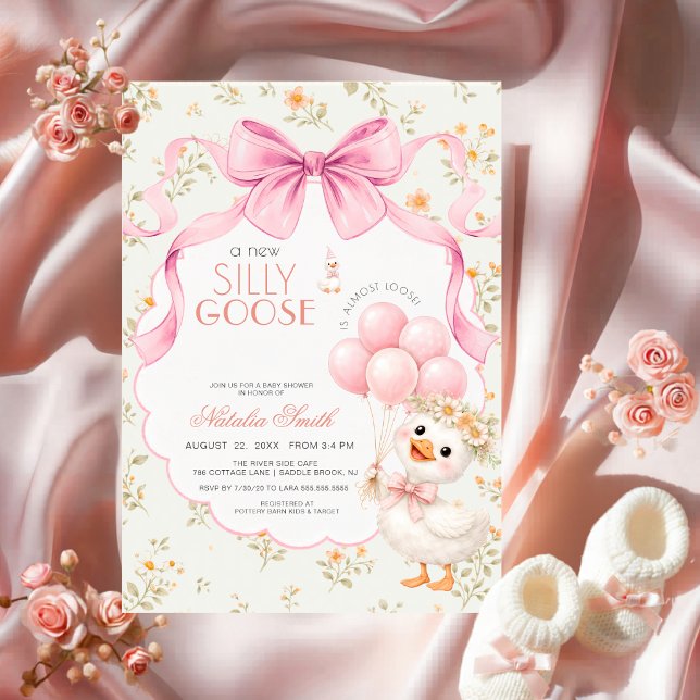 Convites Chuva de Flores Rosa Silly Goose Chá de Bebê (Criador carregado)