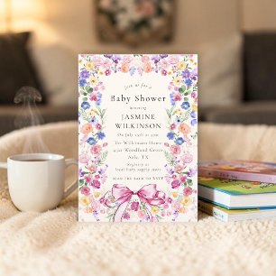 Convites Chuva de flores selvagens laço floral rosa baby sh