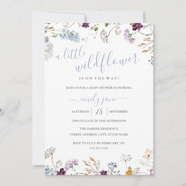 Convites Chuva de Flores Silvestres Azul Nature Baby Shower (Frente)