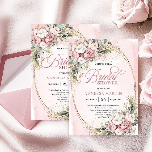 Convites Chuva de Flores Verde Romântico Dourado (Romantic Blush Floral Greenery Gold Shower)