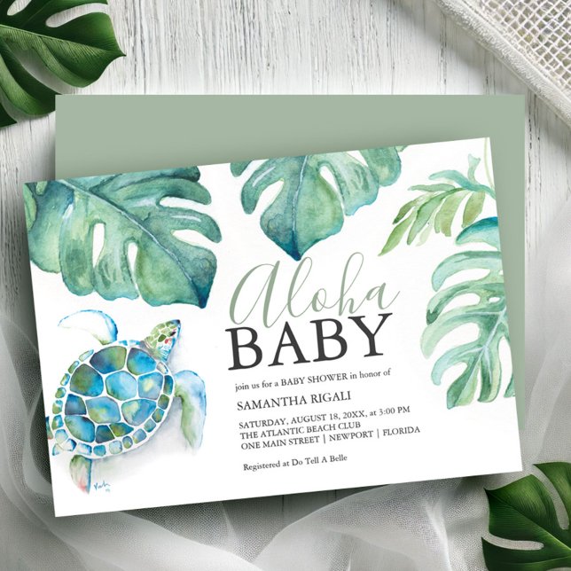 Convites Chuva de Folhas de Monstera de Tartaruga Marinha T (Tropical baby shower theme watercolor sea turtle & palm leaf art Victoria Griglaiunas DoTellABelle)