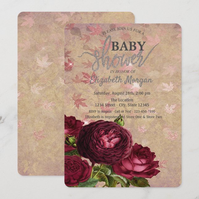 Convites Chuva de Folhas de Rosas Vermelhas Elegantes para  (Frente/Verso)