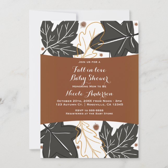 Convites Chuva de Folhas e Bolotas de Outono Baby Shower Fa (Frente)