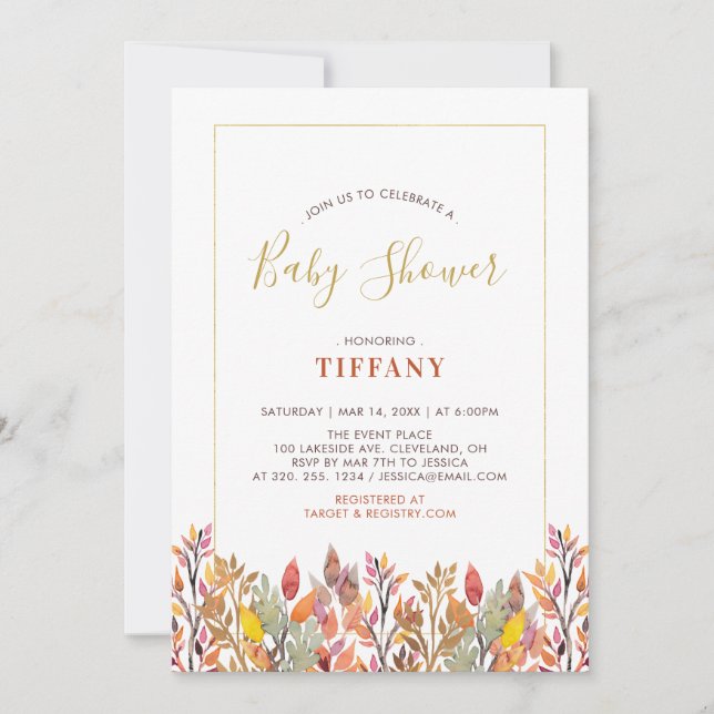 Convites Chuva de folhas e ouro Baby Shower (Frente)