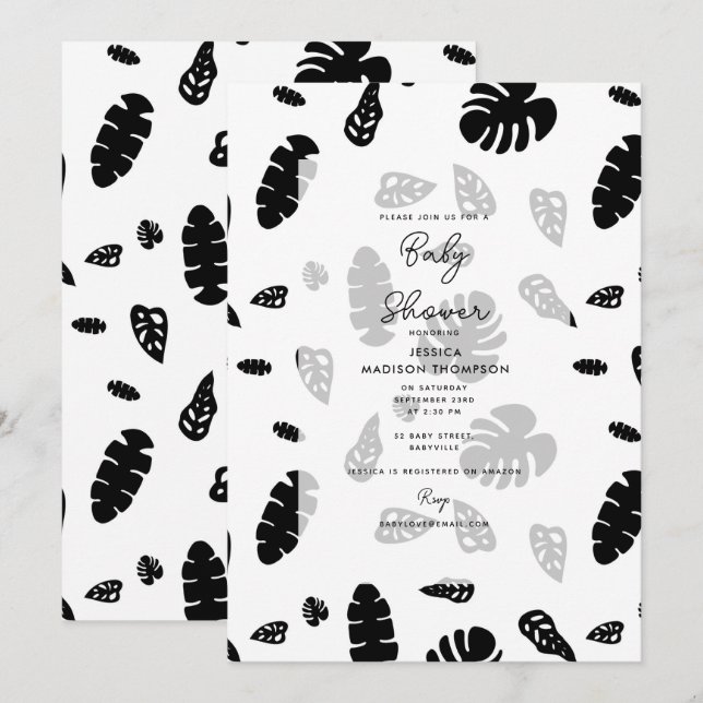 Convites Chuva de Folhas Tropicais Preto e Branco para Baby (Frente/Verso)