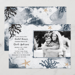 Convites Chuva de Fotos de Noiva com Água Marinha em Tons d