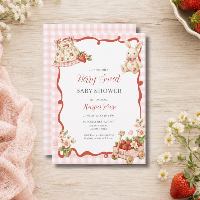 Convites Chuva de Gingham Rosa Festa de Bebê Morango (Pink Gingham Strawberry Baby Shower Invitation)