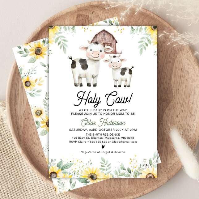 Convites Chuva de Girassóis de Gênero Neutro Vaca Sagrada p (Holy Cow Baby Shower Invitation, Gender Neutral Cow Themed Baby Shower Invitation, Cow and Calf)