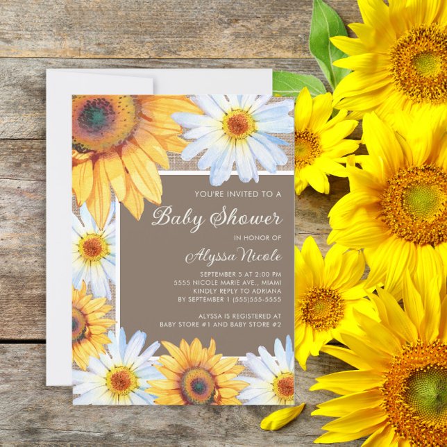 Convites Chuva de Girassóis Margaridas Brancas Baby Shower (Sunflowers and daisies rustic baby shower invitation)