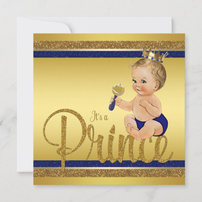 Convites Chuva de Glitter Azul Real e Dourado do Príncipe B (Frente)