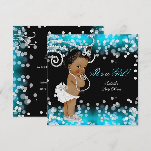 Convites Chuva de Glitter Azul Turquesa Preto Menina Chamad (Frente/Verso)