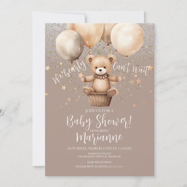Convites Chuva de Glitter Bear Rustico Boêmio para Chá de B (Frente)