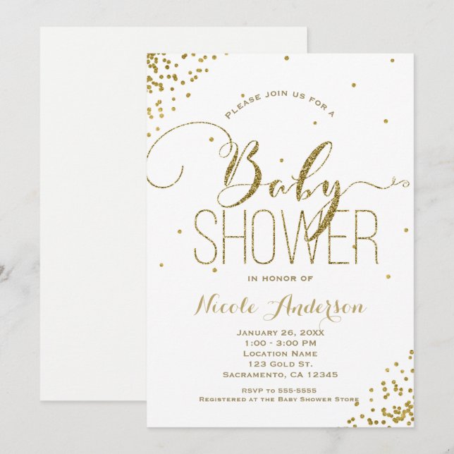 Convites Chuva de Glitter Branco & Dourado Glam BABY SHOWER (Frente/Verso)