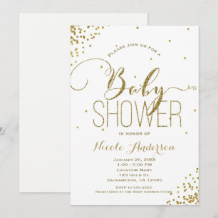 Convites Chuva de Glitter Branco & Dourado Glam BABY SHOWER