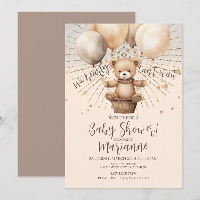 Convites Chuva de Glitter Chá de Bebê Urso Boêmio Rústico (Frente/Verso)