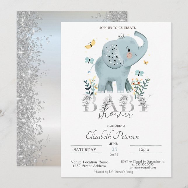 Convites Chuva de Glitter de Elefante Bebê Prata Baby Showe (Frente/Verso)