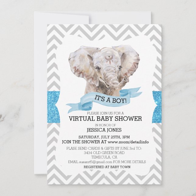Convites Chuva de Glitter do Elefante do Menino Virtual Bab (Frente)
