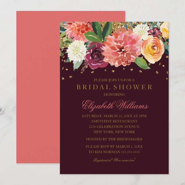 Convites Chuva de Glitter Dourado Floral Pêssego Borgonha p (Frente/Verso)