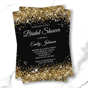 Convites Chuva de Glitter Dourado Preto Fancy Script Noivad