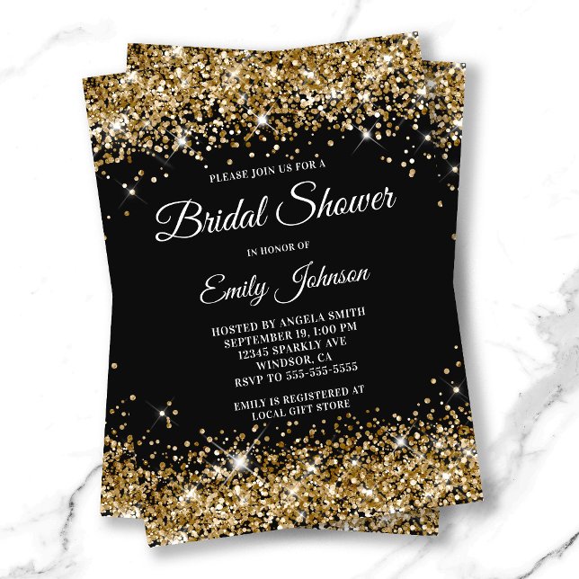 Convites Chuva de Glitter Dourado Preto Fancy Script Noivad (Black Gold Glitter Fancy Script Bridal Shower Invitation)