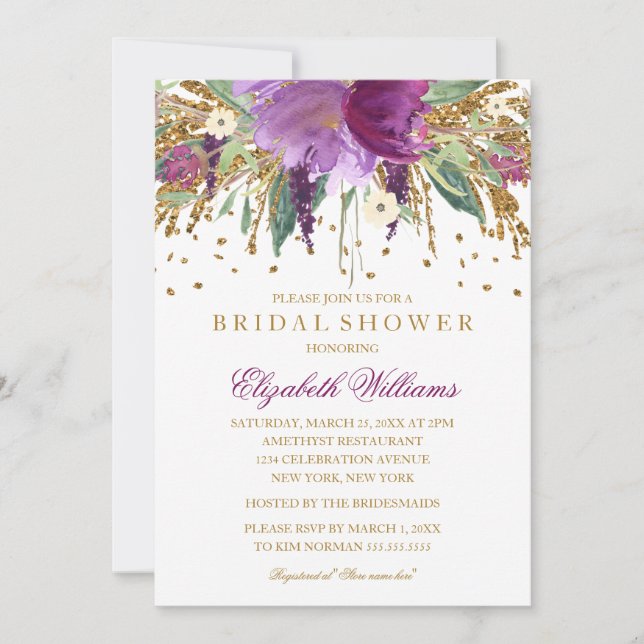 Convites Chuva de Glitter Floral Amethisto Brilhante para C (Frente)