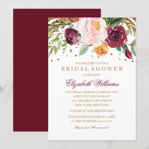 Convites Chuva de Glitter Floral Borgonha para Chá de Noiva