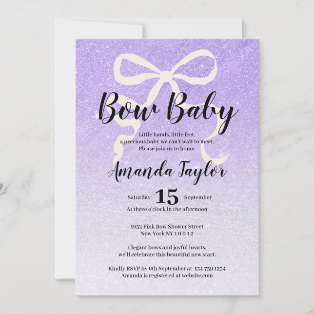 Convites Chuva de glitter lilás coquette bow Baby Shower (Frente)