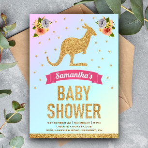 Convites Chuva de Glitter Mágico Dourado Canguru Baby Showe