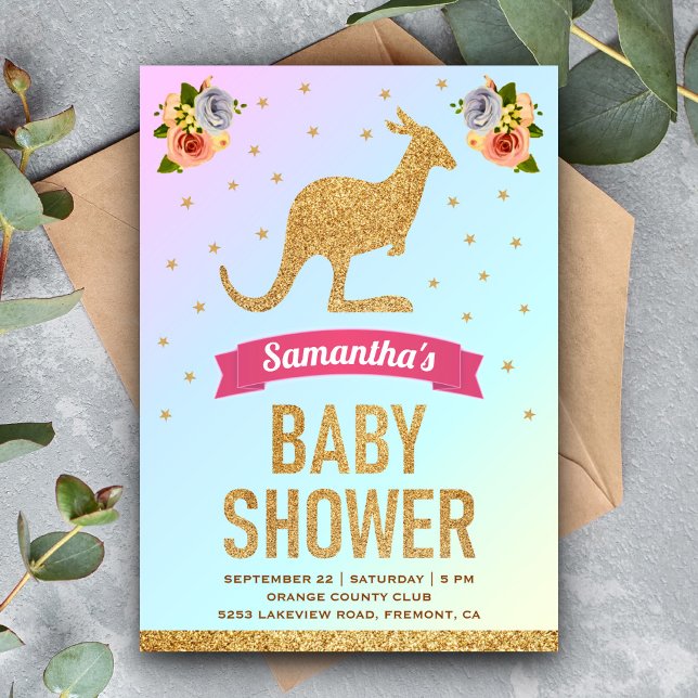 Convites Chuva de Glitter Mágico Dourado Canguru Baby Showe (Criador carregado)