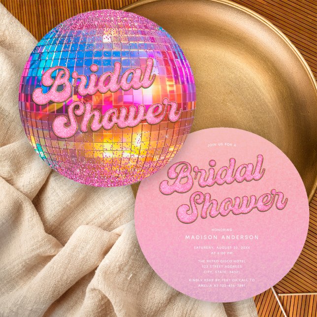 Convites Chuva de Glitter Rosa Dourado Bola de Disco Chá de (Criador carregado)