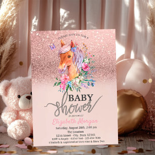 Convites Chuva de Glitter Rosa Dourado Floral Pônei Baby Sh